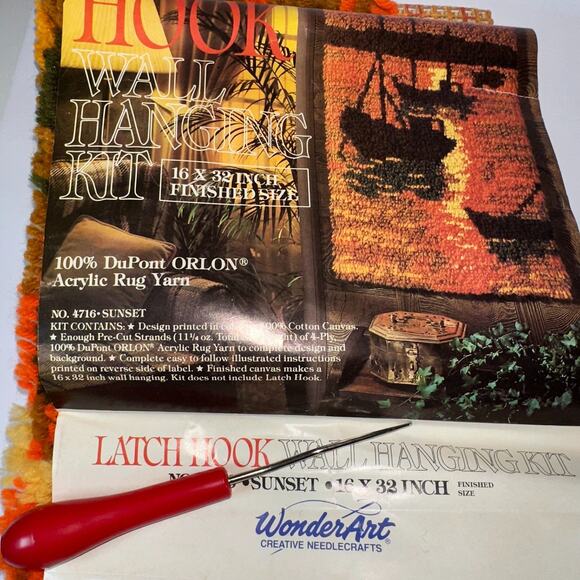 Wonder Art Latch Hook Kit Wall Hanging Art Sunset 16x32" 30% Finished Grannycore - Picture 4 of 10